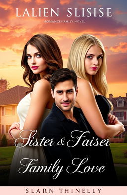 A captivating book cover for a romance-family novel, featuring two sister characters, one with long wavy brunette hair and the other with straight blonde hair, standing back-to-back with determined expressions