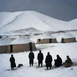 An evocative scene in 1931, in the ruined Kazakh village of Azgantay during winter. The residents, alongside their yurts, congregating with Sultanbek, son of Shalak, who was proclaimed as their Khan. Illustrate using dark colours to reflect the melancholic atmosphere.