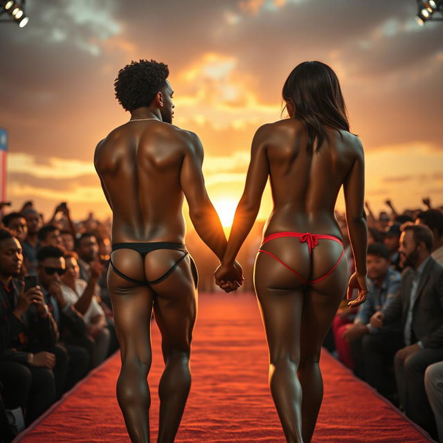 A dramatic yet comedic scene depicting Alex, a black man, and his stunning black transgender partner, both confidently standing in their underwear at his father's presidential campaign event