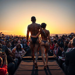 A dramatic yet comedic scene depicting Alex, a black man, and his stunning black transgender partner, both confidently standing in their underwear at his father's presidential campaign event