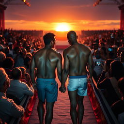 A dramatic yet comedic scene depicting Alex, a black man, and his stunning black transgender partner, both confidently standing in their underwear at his father's presidential campaign event