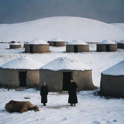 An evocative scene in 1931, in the ruined Kazakh village of Azgantay during winter. The residents, alongside their yurts, congregating with Sultanbek, son of Shalak, who was proclaimed as their Khan. Illustrate using dark colours to reflect the melancholic atmosphere.