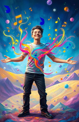 A vibrant and surreal scene depicting a person surrounded by colorful, flowing musical notes and soundwaves emanating from their body