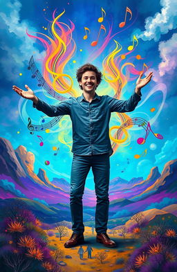 A vibrant and surreal scene depicting a person surrounded by colorful, flowing musical notes and soundwaves emanating from their body