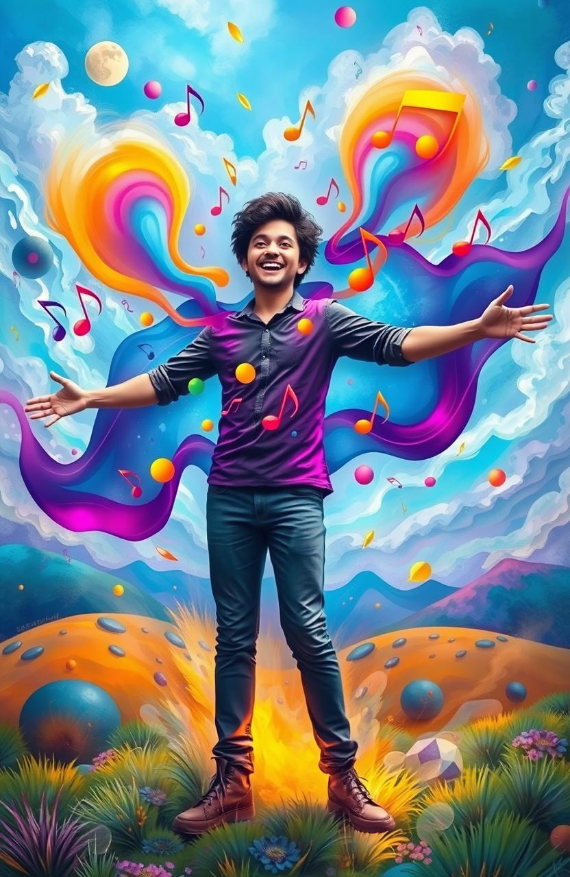 A vibrant and surreal scene depicting a person surrounded by colorful, flowing musical notes and soundwaves emanating from their body