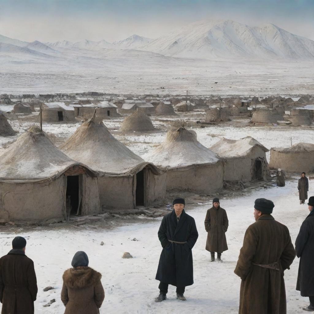 Depict a dark-colored comic-style image of the Kazakh village of Azgantay in 1931 in ruins, the people gathered near their yurts on a cold winter day, with Sultanbek, son of Shalak, standing before them as their chosen Khan. Include an empty callout above one person.