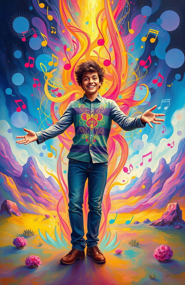 A vibrant and surreal scene depicting a person surrounded by colorful, flowing musical notes and soundwaves emanating from their body