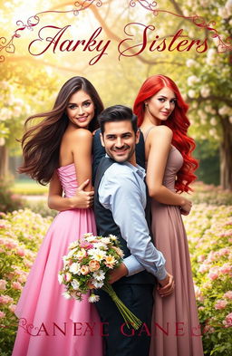 A captivating book cover for a romance novel featuring a rivalry between two strikingly beautiful sisters and a charming man caught between them