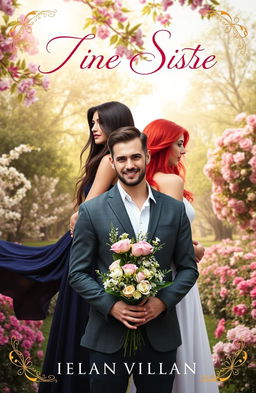A captivating book cover for a romance novel featuring a rivalry between two strikingly beautiful sisters and a charming man caught between them