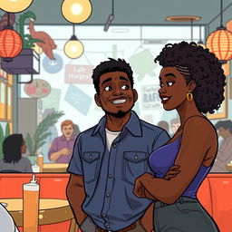 A comedic yet touching scene illustrating Alex, a black man, navigating the complexities of love and family expectations