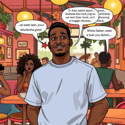 A comedic yet touching scene illustrating Alex, a black man, navigating the complexities of love and family expectations