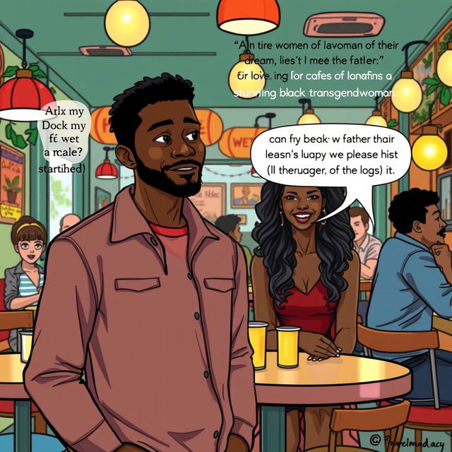 A comedic yet touching scene illustrating Alex, a black man, navigating the complexities of love and family expectations