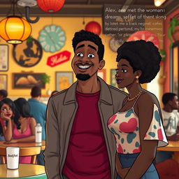 A comedic yet touching scene illustrating Alex, a black man, navigating the complexities of love and family expectations