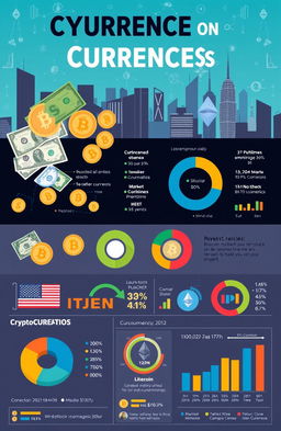 A detailed and visually striking infographic about currencies and cryptocurrencies