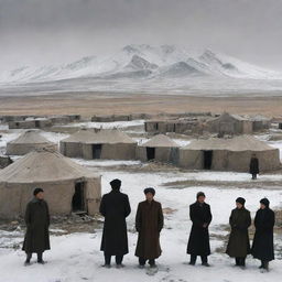 Depict a dark-colored comic-style image of the Kazakh village of Azgantay in 1931 in ruins, the people gathered near their yurts on a cold winter day, with Sultanbek, son of Shalak, standing before them as their chosen Khan. Include an empty callout above one person.