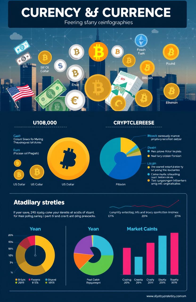 A detailed and visually striking infographic about currencies and cryptocurrencies