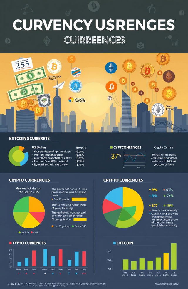 A detailed and visually striking infographic about currencies and cryptocurrencies