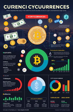 A detailed and visually striking infographic about currencies and cryptocurrencies