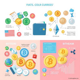 An informative illustration depicting both traditional currencies and cryptocurrencies