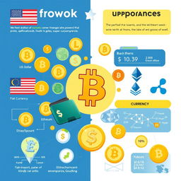An informative illustration depicting both traditional currencies and cryptocurrencies