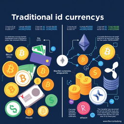 An informative illustration depicting both traditional currencies and cryptocurrencies