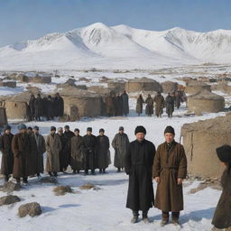 Depict a dark-colored comic-style image of the Kazakh village of Azgantay in 1931 in ruins, the people gathered near their yurts on a cold winter day, with Sultanbek, son of Shalak, standing before them as their chosen Khan. Include an empty callout above one person.