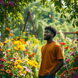 A heartwarming and comedic scene set in a lush, vibrant garden where Alex, a black man, is experiencing a moment of discovery