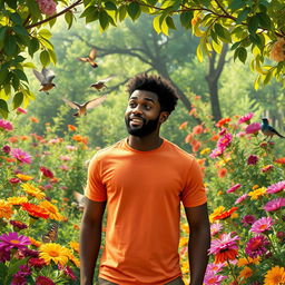 A heartwarming and comedic scene set in a lush, vibrant garden where Alex, a black man, is experiencing a moment of discovery