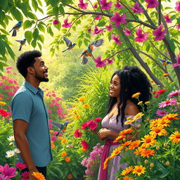 A heartwarming and comedic scene set in a lush, vibrant garden where Alex, a black man, is experiencing a moment of discovery