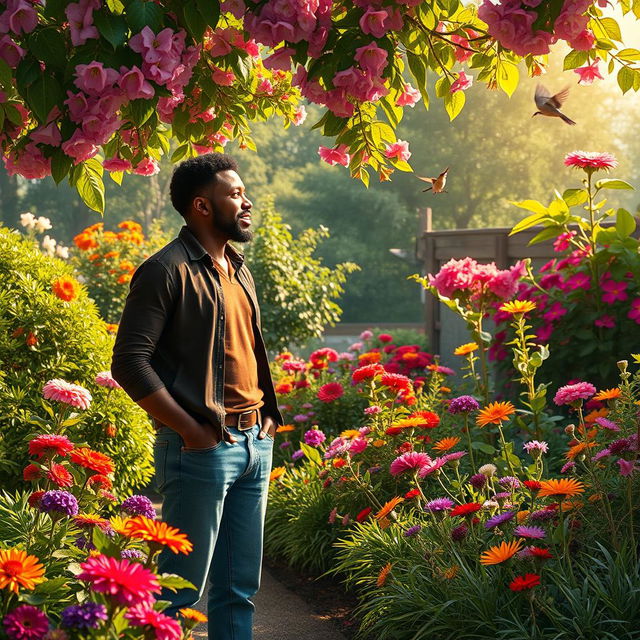 A heartwarming and comedic scene set in a lush, vibrant garden where Alex, a black man, is experiencing a moment of discovery