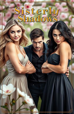 A captivating book cover for a Romance novel, featuring an intense rivalry between two beautiful sisters, both in elegant dresses