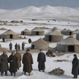 Depict a dark-colored comic-style image of the Kazakh village of Azgantay in 1931 in ruins, the people gathered near their yurts on a cold winter day, with Sultanbek, son of Shalak, standing before them as their chosen Khan. Include an empty callout above one person.