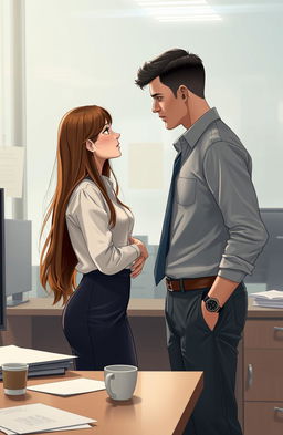 An intimate scene illustrating a slow-burn romance in an office setting between a shy 19-year-old girl and a hesitant 29-year-old man