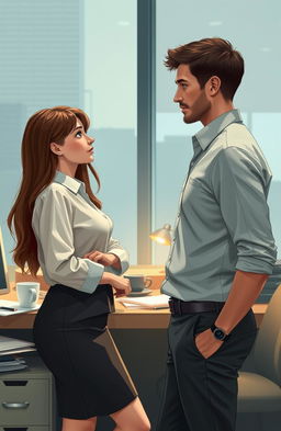 An intimate scene illustrating a slow-burn romance in an office setting between a shy 19-year-old girl and a hesitant 29-year-old man