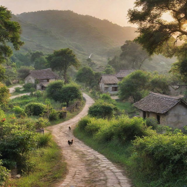 A serene traditional village at dawn, with rustic houses nestled amidst lush greenery and well-worn paths weaving their way through. Roosters crow as the morning sun illuminates the scene.