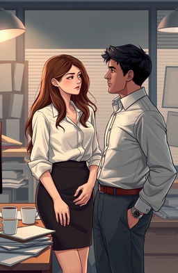 An intimate scene illustrating a slow-burn romance in an office setting between a shy 19-year-old girl and a hesitant 29-year-old man