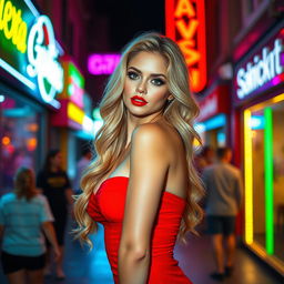 A stunningly beautiful sexy blonde woman with long wavy hair, wearing a form-fitting red dress that accentuates her curves