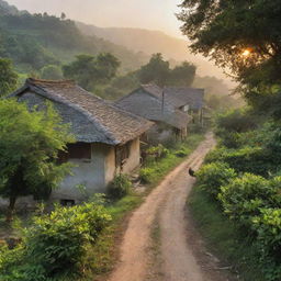 A serene traditional village at dawn, with rustic houses nestled amidst lush greenery and well-worn paths weaving their way through. Roosters crow as the morning sun illuminates the scene.