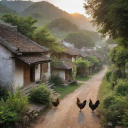 A serene traditional village at dawn, with rustic houses nestled amidst lush greenery and well-worn paths weaving their way through. Roosters crow as the morning sun illuminates the scene.