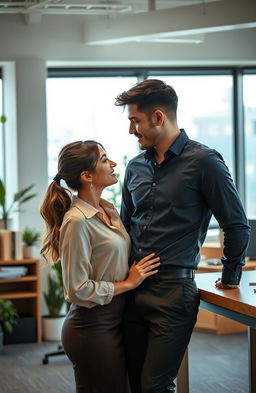 A romantic office scene featuring a 19-year-old woman and a 29-year-old man, both looking shy yet attracted to each other
