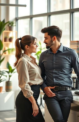 A romantic office scene featuring a 19-year-old woman and a 29-year-old man, both looking shy yet attracted to each other