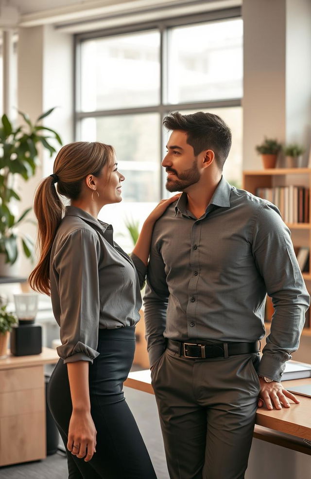 A romantic office scene featuring a 19-year-old woman and a 29-year-old man, both looking shy yet attracted to each other