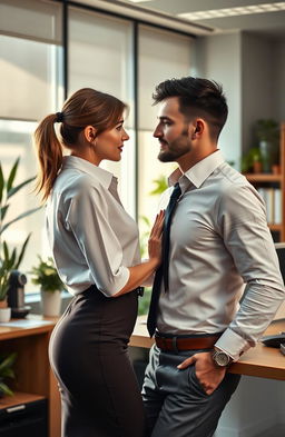 A romantic office scene featuring a 19-year-old woman and a 29-year-old man, both looking shy yet attracted to each other