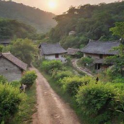 A serene traditional village at dawn, with rustic houses nestled amidst lush greenery and well-worn paths weaving their way through. Roosters crow as the morning sun illuminates the scene.