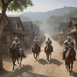 The tranquil village now under an unexpected siege. Mounted warriors charge upon the village, their armor gleaming in the morning sun, creating a jarring contrast with the peaceful scene from moments before.