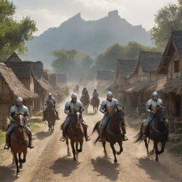 The tranquil village now under an unexpected siege. Mounted warriors charge upon the village, their armor gleaming in the morning sun, creating a jarring contrast with the peaceful scene from moments before.