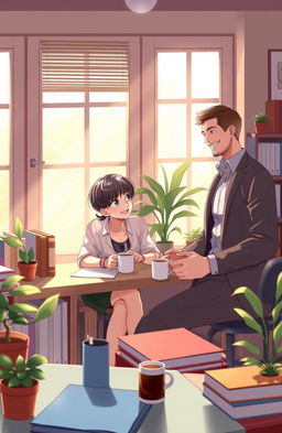 A cozy office setting, with soft morning sunlight streaming through large windows, illuminating a small workspace filled with books, coffee mugs, and potted plants