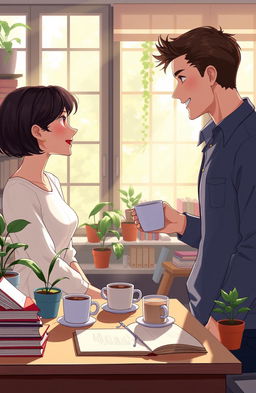 A cozy office setting, with soft morning sunlight streaming through large windows, illuminating a small workspace filled with books, coffee mugs, and potted plants