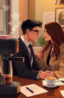A cozy office setting featuring a romantic slowburn narrative, where two colleagues share subtle glances and moments over coffee