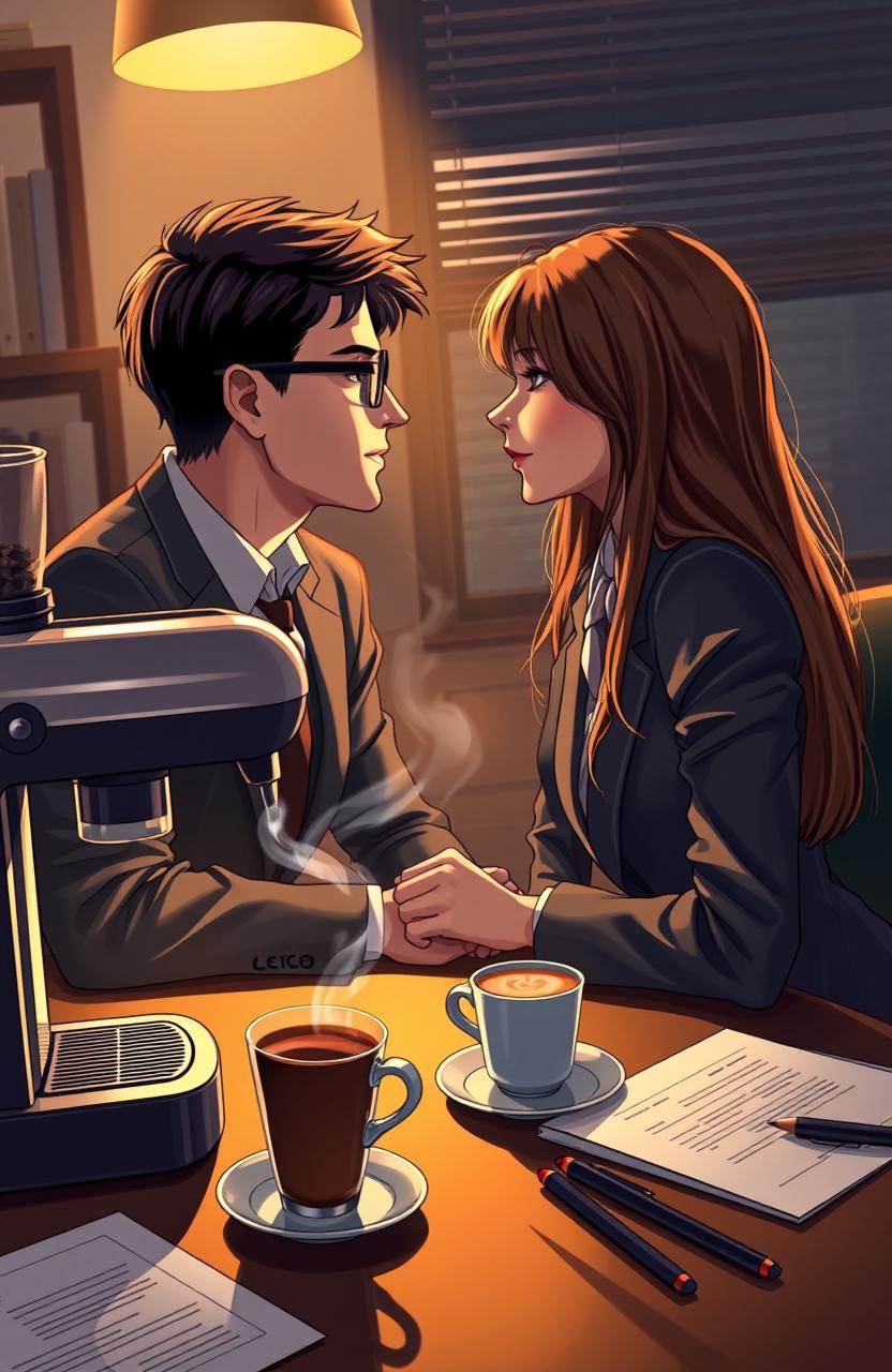 A cozy office setting featuring a romantic slowburn narrative, where two colleagues share subtle glances and moments over coffee